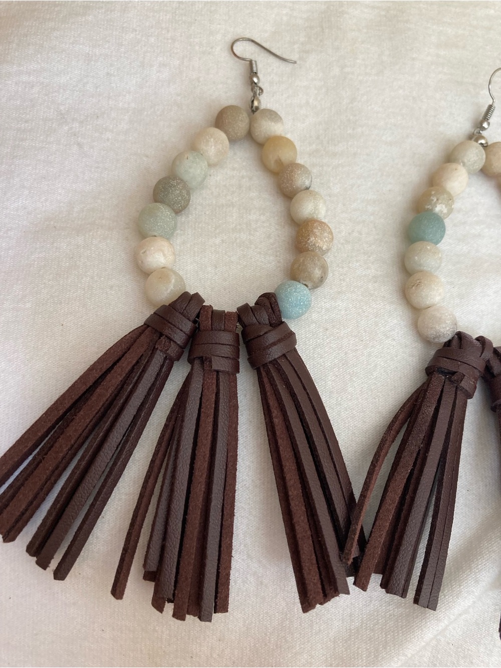 Beaded Dangle Earrings with Brown Faux Leather Tassel - Picture 3 of 7